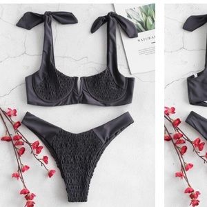 ZAFUL Smocked Tie Shoulder Bikini Dark Slate Grey